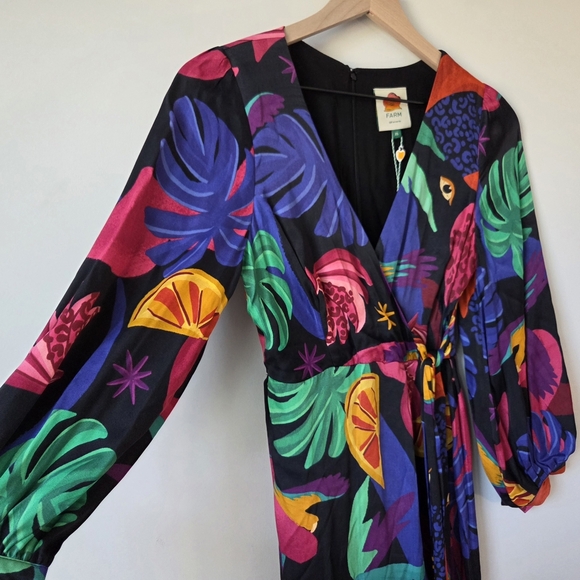 FARM Rio Wrap Jumpsuit Split Leg Beaded Tassel Sleeve Eco Viscose XS Multicolor - Picture 2 of 11